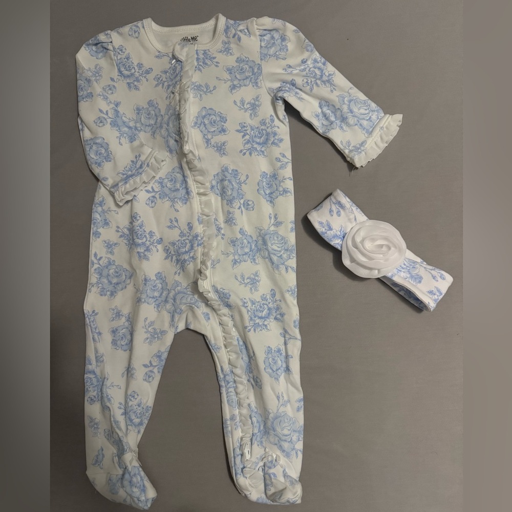 Little Me Blue Floral One Piece with Headband